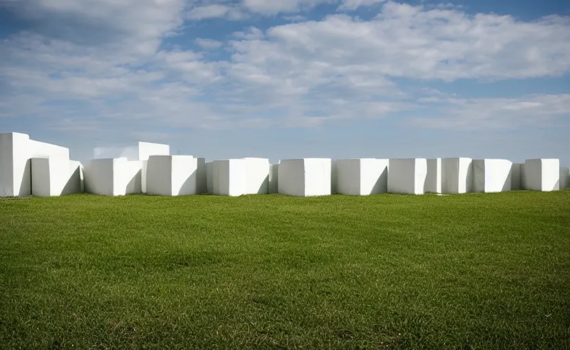 Prompt: color image. five identical gigantic white concrete blocks. empty grassy plain, contrast. surreal, photograph, perspective