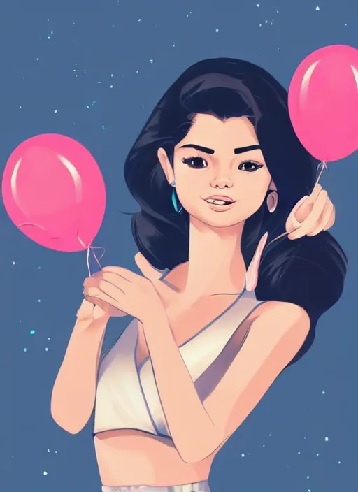 Image similar to woman resembling selena gomez at a birthday party wrapping mickey ears. balloons. clean cel shaded vector art. shutterstock. behance hd by lois van baarle, artgerm, helen huang, by makoto shinkai and ilya kuvshinov, rossdraws, illustration,