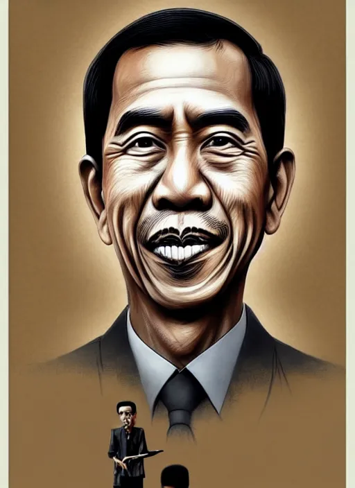 Image similar to a portrait of jokowi, fine - face, by basuki abdullah and raden saleh, banksy and kentaro miura style, trending on art station