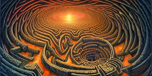 Image similar to maze labyrinth nebulapunk by dan seagrave with hidden alien creatures by ken barthelmey