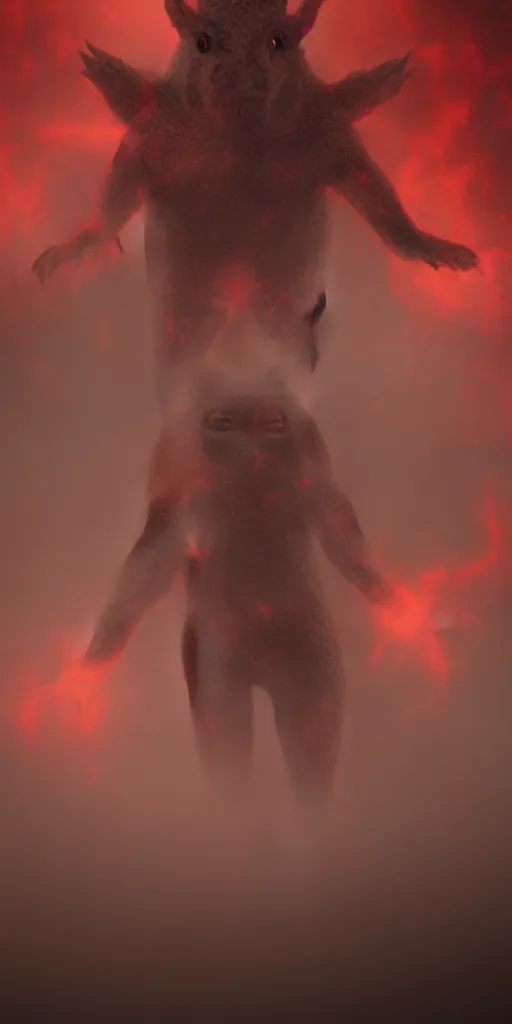 Image similar to very low - resolution found footage of a kaiju monster, fog!!, smoke, red hue, thriller, underdeveloped, flare, epic, dramatic