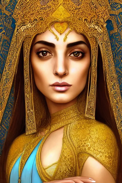 Image similar to Beautiful portrait of a Persian Princess who is an architect, beautiful princess, face painting, architecture, persian style architecture, dramatic lighting, intricate, wild, highly detailed, digital painting, artstation, concept art, smooth, sharp focus, illustration, gold+yellow+white+Turquoise, art by artgerm and greg rutkowski and alphonse mucha, footage from space camera