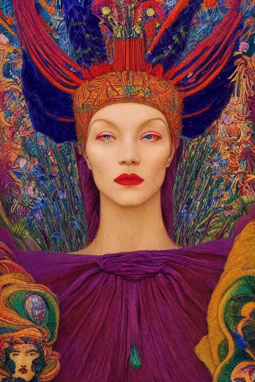 Image similar to queen of spring, by jean delville and Tino Rodriguez and Diego Rivera , elaborate headdress and embroidered velvet, iridescent beetles, rich color, dramatic cinematic lighting, extremely detailed