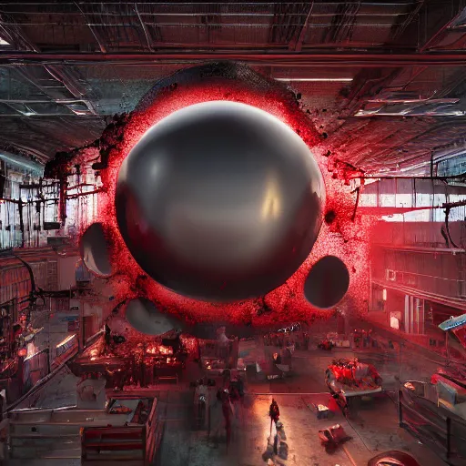 Image similar to a giant mickey mouse head, factory floor, surrounded by factory workers, octane render, cgstation, 3 d render, very detailed, mindblowing, blood and guts, gritty, cyberpunk, cinematic lighting, hyper realism