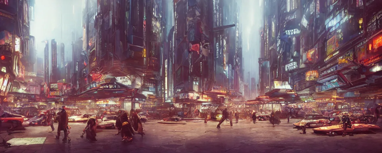 Prompt: street level view of a futuristic bladerunner market and trading post at the center of a large advanced metropolis busy with activity lots of market signs aliens and people with a floating cars on the streets by craig mullins, neil blevins, dylan cole, james paick, hyper realistic, night, environment fog, cinematic lighting, 8 k, vray render, artstation, deviantart,