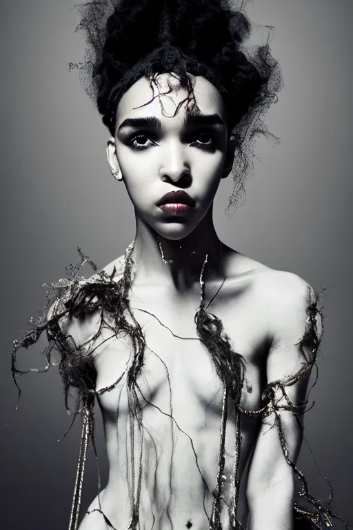 Prompt: photoshoot of fka twigs as mysterious dark goddess of death, realism, clouds, swirling energy, torn fabric, elaborate ornate growth, gilded relief, volumetric lighting, light shafts, ambient light, trending on artstation, by alessio albi