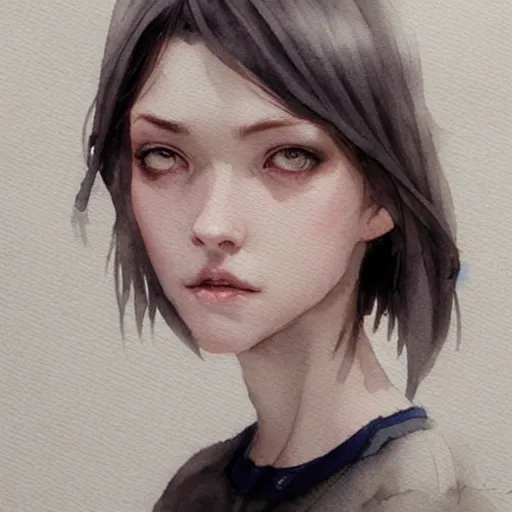 Prompt: short dark haired girl, grey eyes, artstation, watercolor, highly detailed, portrait, by krenz cushart