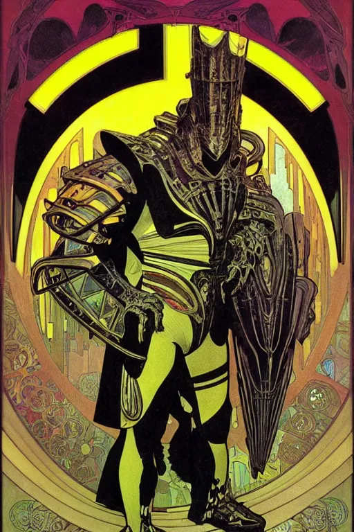 Image similar to black and yellow technicolor color risoprint, alphonse mucha, richard corben, wayne barlowe, moebius, heavy metal comic cover art, psychedelic triangular lich in heavy shoulders armor, very intricate, thick outline, full body, symmetrical face, long black crown, in a shapes background, galactic dark colors