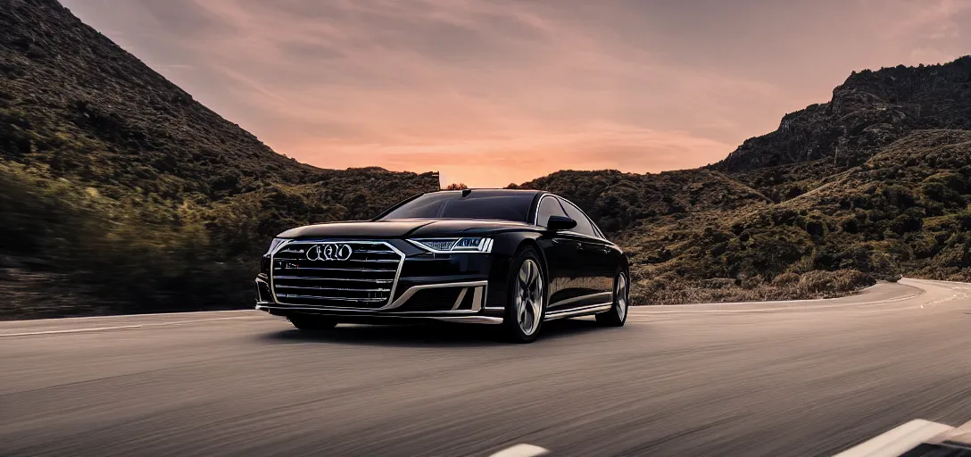 Image similar to black 2020 audi a8 racing on a road on a mountain at sunset, car photography, 4k professional photo