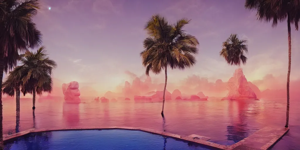 Prompt: artgem and Beeple masterpiece, hyperrealistic surrealism, sunset, award winning masterpiece with incredible details, epic stunning, infinity pool, a surreal liminal space, highly detailed, trending on ArtStation, calming, meditative, pink arches, palm trees, surreal, sharp details, dreamscape, giant gold head statue ruins, crystal clear water