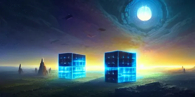 Image similar to a fleet of giant futuristic cubes in the sky glowing in sync, a fantasy magical landscape seen in the distance, atmospheric lighting, intricate, volumetric lighting, beautiful, sharp focus, ultra detailed, in the art style of marc simonetti, bowater charlie and brom gerald, astrophotography