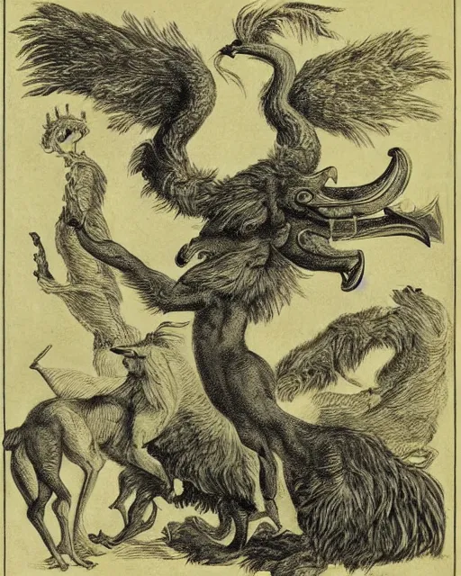 Image similar to a creature with the body and eyes of a man, with the beak of an eagle, the mane of a lion, and the horns of an ox. drawn by francis bacon