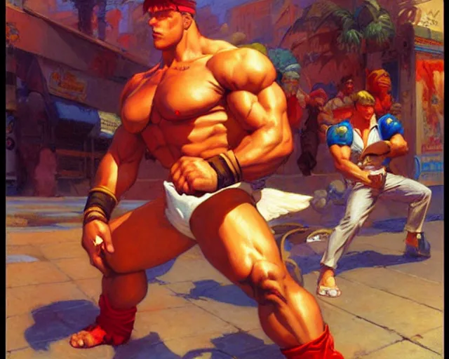 Prompt: street fighter ii, cool colors, hard angles, painting by gaston bussiere, craig mullins, j. c. leyendecker, tom of finland