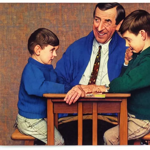 Image similar to norman rockwell painting of mr. rodgers wearing a blue cardigan