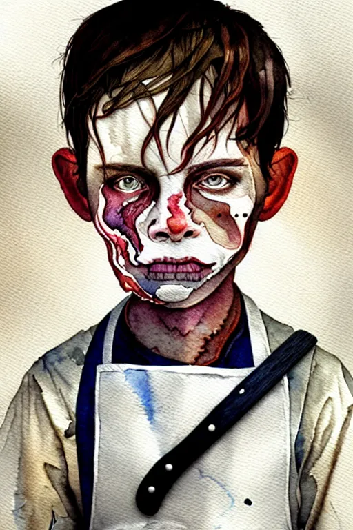 Prompt: watercolor portrait of a young boy butcher with a white apron, depressed, painting, dramatic, detailed, by android jones