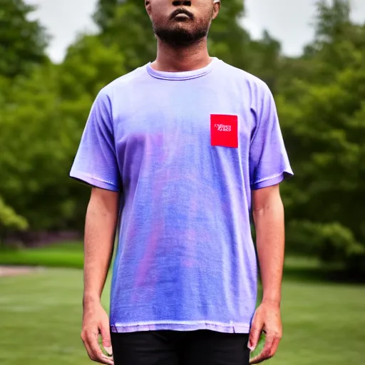 Prompt: A tied-dyed t-shirt with kirkland logo at the front