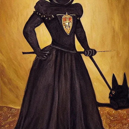 Image similar to black cat dressed in medieval princess gown with tiara with large sheild in the background detailed oil painting