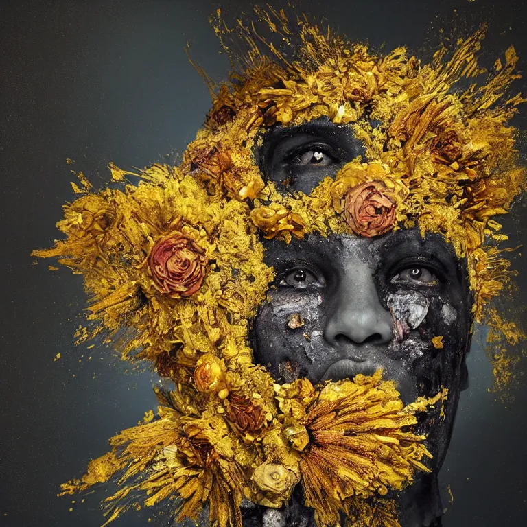 Image similar to A beautiful oil painting hyperrealism of a decayed black head, rotting black clay skin, gold flaked flowers, floral headdress, 8k resolution, octane render, Trending on artstation, by Gediminas Pranckevicius, volumetric light 2blue fractal Thunder glow by dan mumford, anaglyph effect, Laurie Lipton