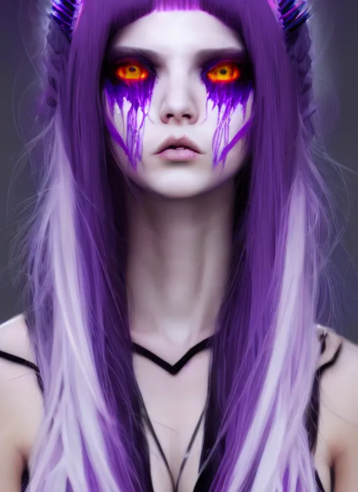 Image similar to hair whitebangs hair, black cyberlox, portrait of normal teenage girl, white bangs, messy bangs, fluffy bangs, cyberlox, whitebangs, red contact lenses, purple background, intricate, elegant, highly detailed, digital painting, artstation, concept art, sharp focus, smooth, illustration, art by wlop, mars ravelo and greg rutkowski