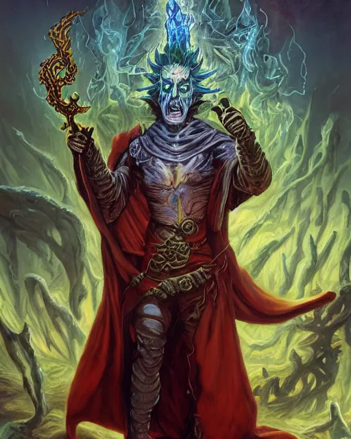 Image similar to portrait of Rick Sanchez as a powerful dungeons and dragons warlock, wearing dark robe, intricately detailed, lovecraftian, realistic, oil painting, by jeff easley, boris vallejo, cinematic lighting