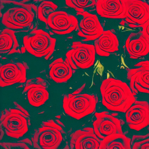 Image similar to red roses, laying on a vinyl record, dark photo, faded, noir