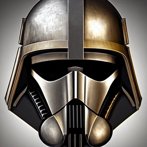 Prompt: bust portrait of a knight, high detail, silver, steel, helmet, ornate decoration, gold trim, storm trooper, mandalorian, darth revan, star wars, octane, unreal 5