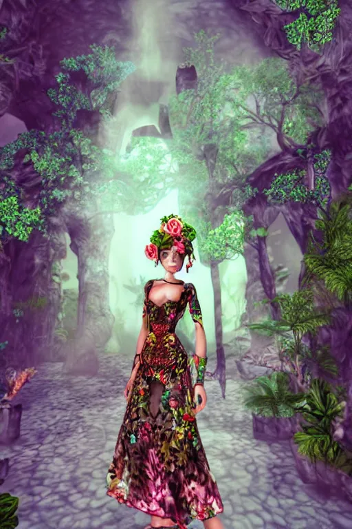 Prompt: cute female forest spirit wearing ornate floral cybernetic mughal valentino resort dress in a 3 d psx ps 2 jrpg style, esoteric scifi magical alien ruins ritual environment, fashion gameplay screenshot, highly detailed