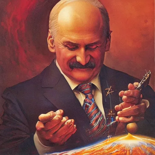 Prompt: lukashenko creating the universe, made by j. c leyendecker and beksinski