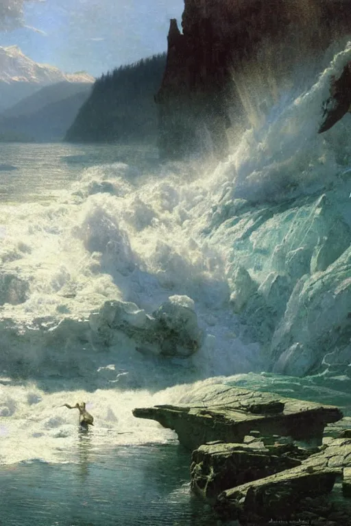 Image similar to a sea serpent emerges from lake in canadian rockies, water splashes cascades, beautiful day, by albert bierstadt, ruan jia, lawrence alma tadema, zdzislaw beksinski, carl spitzweg, everett raymond kinstler, norman rockwell, jack kirby, tom lovell, greg staples