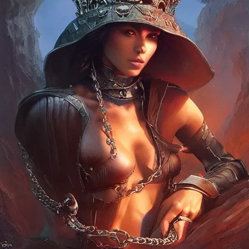 Image similar to a queen is chained to her throne, beautiful highly detailed face, complementary lighting, backlit, black eyeshadow, grinning, adventure, dramatic lighting, landscape background, beautiful painting by artgerm and greg rutkowski and raymond swanland