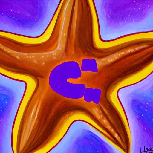 Prompt: a painting of a giant brown starfish with the words c and starfish in big letters. children in a school band playing nearby. art by lisa frank