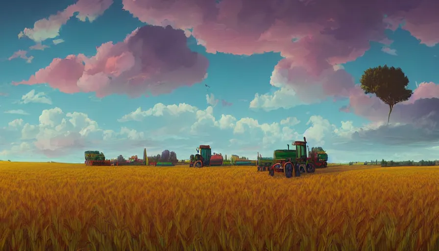 Prompt: colourful sky, wheat field, tractors, big trees, matte painting, art station, digital art, simon stalenhag