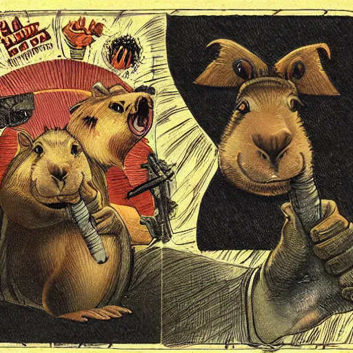 Image similar to evil capybara, campy horror illustration, highly detailed and disturbing