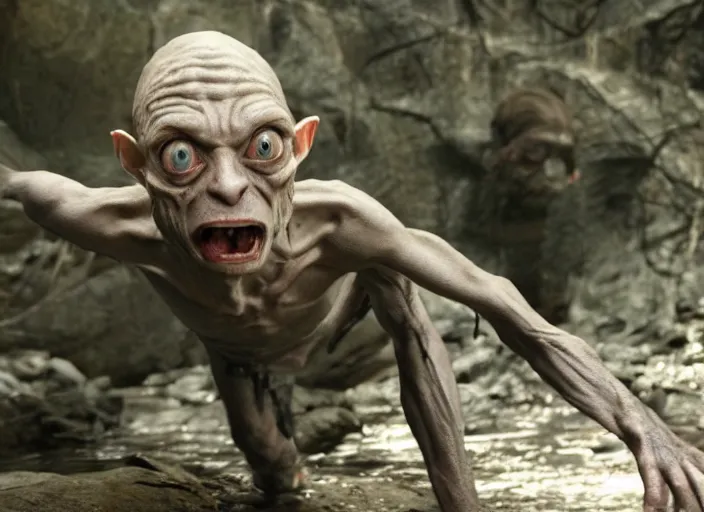 Prompt: ice poseidon playing as Gollum in The Hobbit (2012) , 35mm photography, highly detailed, cinematic lighting, dystopian, grunge 4k