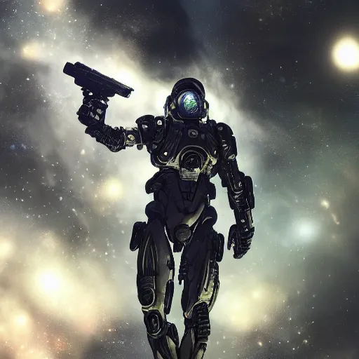 Image similar to award winning, extremely photorealistic, bokeh, beautiful detail, stars in the sky, cybernetic, sci-fi space game art, jeon Jungkook holding a gun. alien planet art by Akihito Yoshitomi AND Yoji Shinkawa AND Greg Rutkowski, Mark Arian trending on artstation