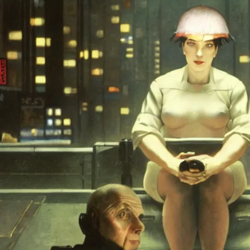 Prompt: still from ghost in the shell, highly detailed, Norman Rockwell, bokeh