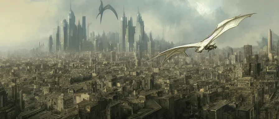 Prompt: one dragon flying over the city, detailed matte painting, trending on artstation, by Alan Lee, James Gurney, cinematic