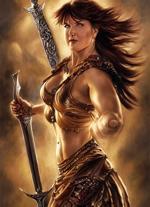 Image similar to Lucy Lawless as Xena as a ruggedly handsome hero holding an enormous large dual wielding sword, intricate, elegant, highly detailed, centered, digital painting, artstation, concept art, smooth, sharp focus, illustration, artgerm, donato giancola, Joseph Christian Leyendecker, WLOP, Boris Vallejo, Artgerm