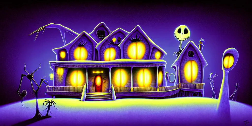Prompt: curved perspective digital art of a kitchen without windows lights off from tim burtons nightmare before christmas by petros afshar
