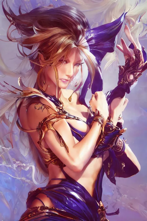 Image similar to The model Gisele Bündchen in a blade and soul spinoff artbook rendered by the artist Taran Fiddler, Joe Madureira,Nadezhda Tikhomirova, Jiyun Chae, Lê Long, trending on Artstation by Hyung tae Kim, artbook, Stanley Artgerm Lau, WLOP, Rossdraws , James Gurney