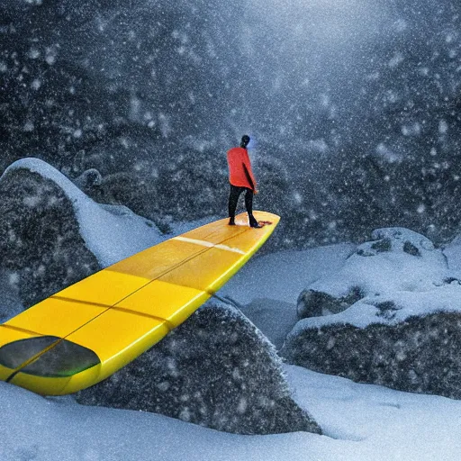 Image similar to man surfing a yellow surfboard down a snowy mountain, high quality digital art, dream-like atmosphere, fog, snow