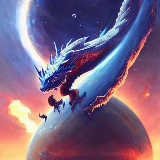 Image similar to Gigantic blue scaled dragon devouring an earth like planet while flying in space, sun system, behemoth, nebula, oil painting, by Greg Rutkowski
