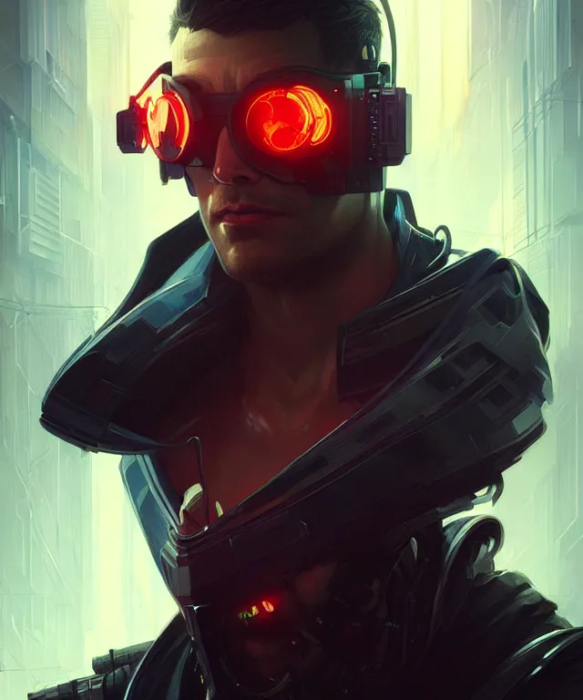 Image similar to Hacker cyberpunk man portrait, highly detailed, digital painting, artstation, concept art, smooth, sharp focus, illustration, art by artgerm and greg rutkowski and alphonse mucha