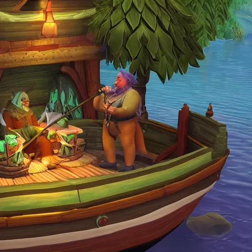 Prompt: a fat night elf in old Darnassus sitting in a fishing boat on the pond