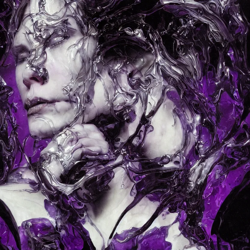 Image similar to a dark baroque close - up portrait of a vivid purple and white porcelain being made out of white liquid sci - fi vitrified translucent ceramic marble ; china. reflective detailed textures. gloomy black background. highly detailed fantasy science fiction painting by moebius, norman rockwell, frank frazetta, and syd mead. rich colors, high contrast. artstation