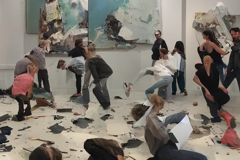 Image similar to a group of people cometely wrecking destructing crashing an art gallery