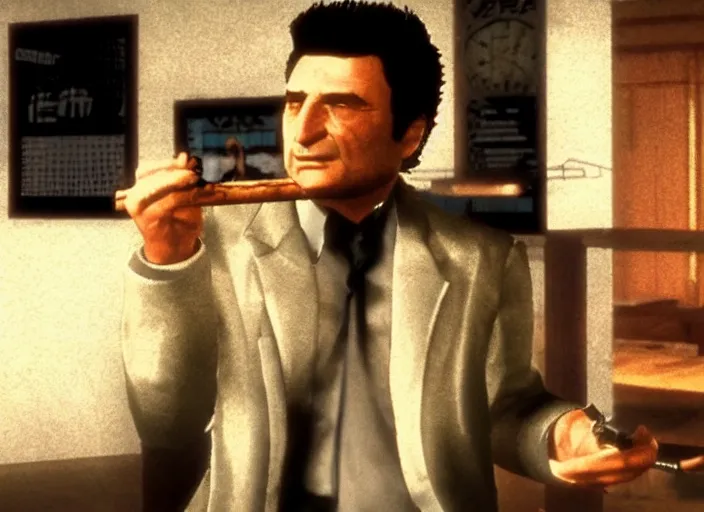 Prompt: video game still of police detective columbo ( played by young peter falk ) in his messy trenchcoat, smoking a cigar while rubbing his head in the video game yakuza zero