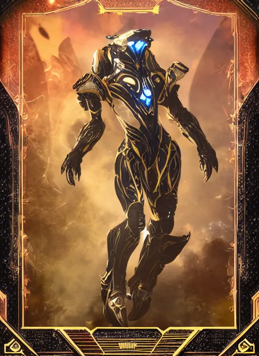 Image similar to warframe with trading card design and ornate border frame, art station, full card design