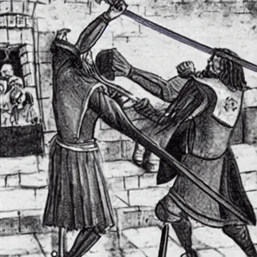 Prompt: medieval sword fight cctv footage, coloured photo, security cam footage