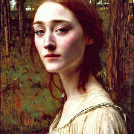Image similar to a true-to-life portrait of Saoirse Ronan painted by John WilliamWaterhouse